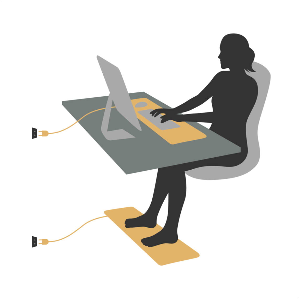 Illustration af en person ved et skrivebord med en jordet måtte under hænderne og en anden under fødderne