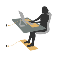 Illustration af en person ved et skrivebord med en jordet måtte under hænderne og en anden under fødderne