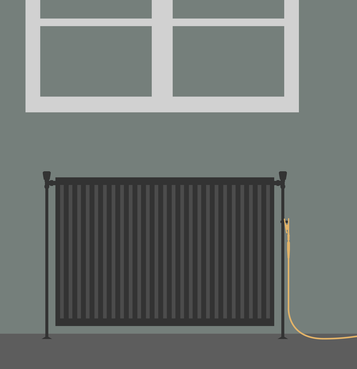 Illustration af en radiator med jordingsklæmmen på og kablet ind i rummet