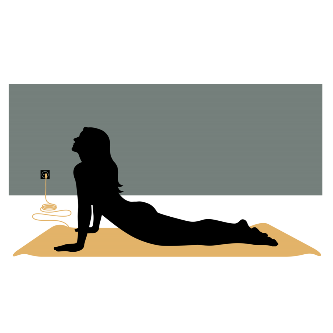 Illustration af en person, der træner på en jordet yogamåtte, med kablet til stikkontakten